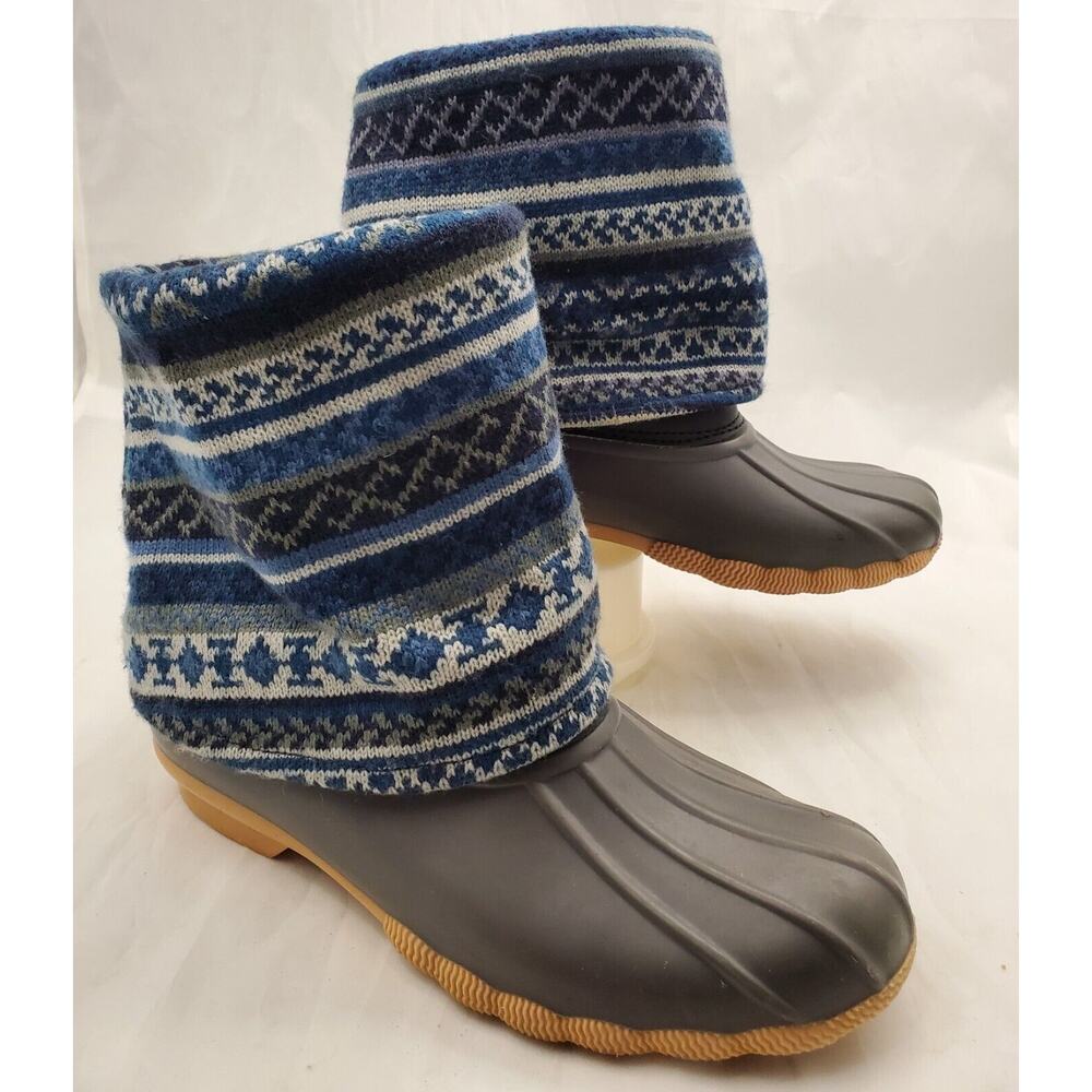 MUK LUKS Women's Duck Boot Size 7 Grey With Blue Print Fabric